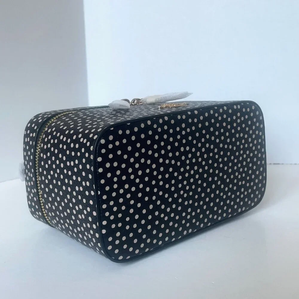 Coach Cosmetic Case CCF44 Black Leather Polka Dot Large Zip Pouch